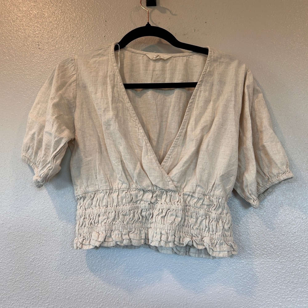 Sim & Sam Oatmeal Beige Cotton Linen Blend Smocked Wrap Crop Top‎ Women's Size M